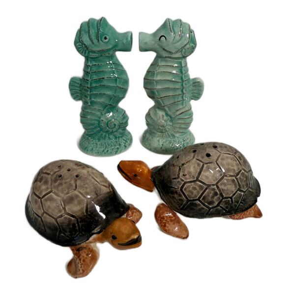 Vintage Lot 5 Ocean Fish Ceramic Salt Pepper Shakers SeaHorse Turtle Dolphin - Picture 8 of 9
